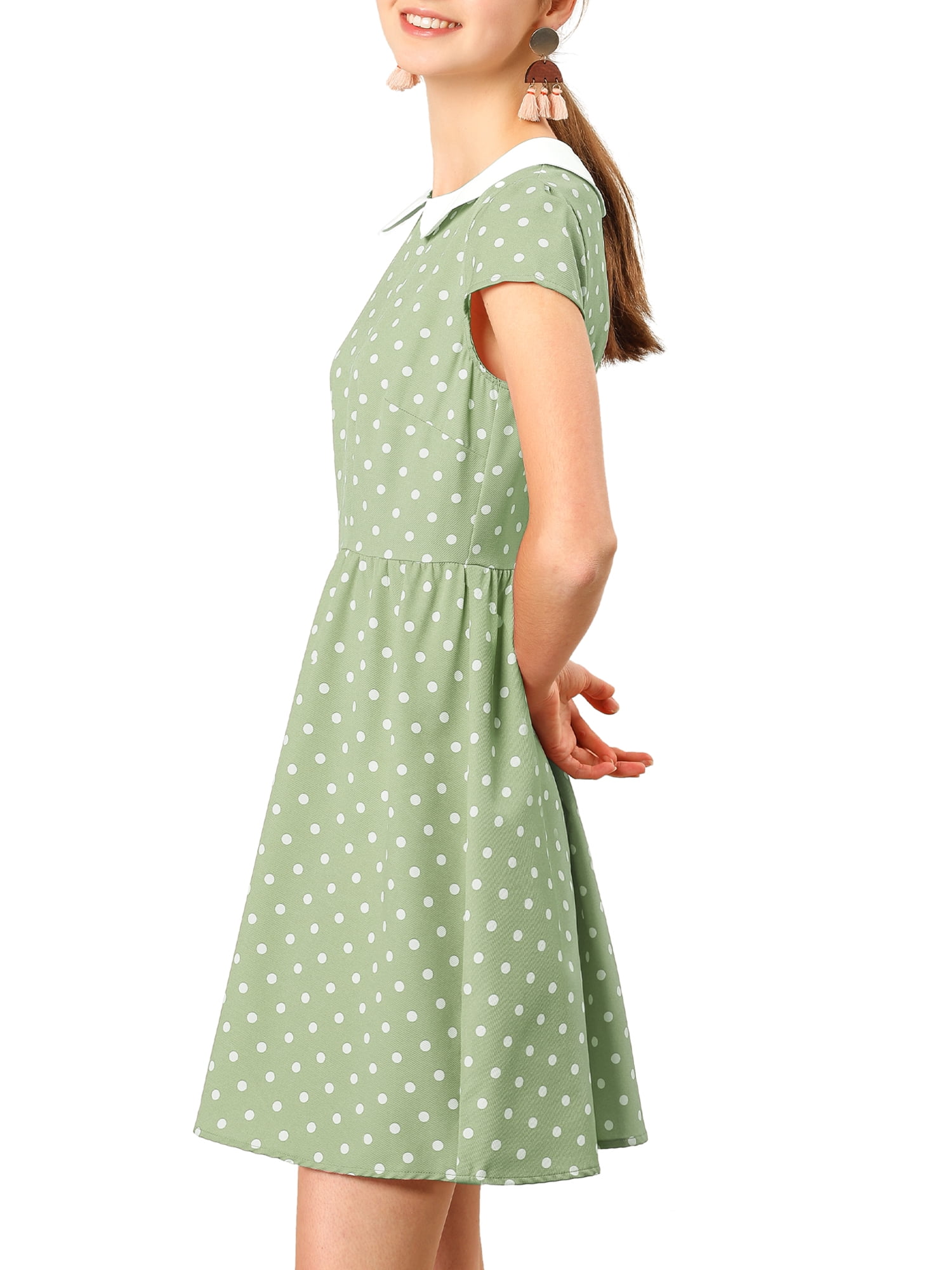 DARING DIVA Polka Dots Peter Pan Collar Above Knee Dress S Green