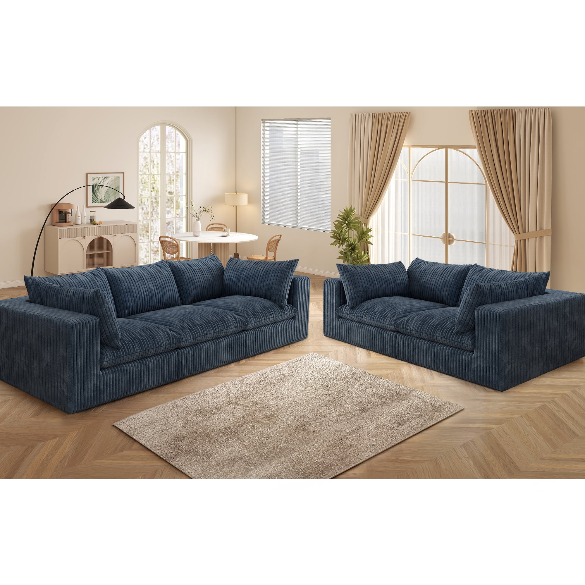 Muumblus 118" Oversized 3-Seater Boneless Sofa, No Assembly Deep Seat Corduroy Cloud Couch, Sleeper Sofa for Living Room, Blue