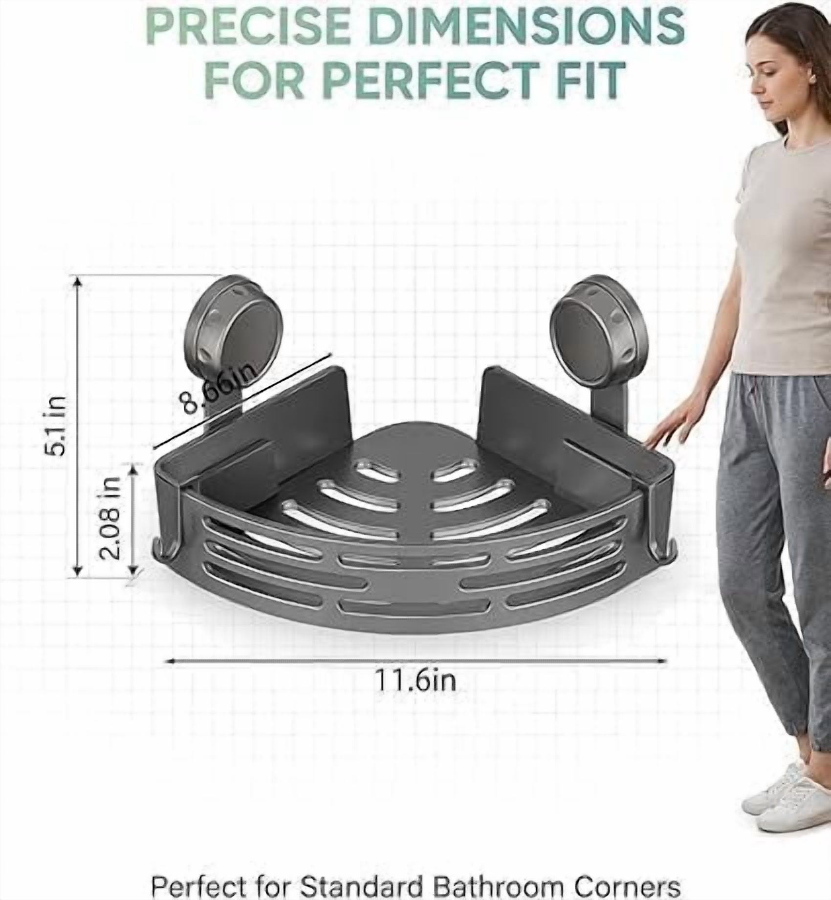 2026 New Suction Cup Corner Shower Shelf, No-Drill Bathroom Corner Shelf Strong, Waterproof Suction Cup, Bathroom Organizers and Storage Countertop for Bathroom Kitchen (Black+Grey)