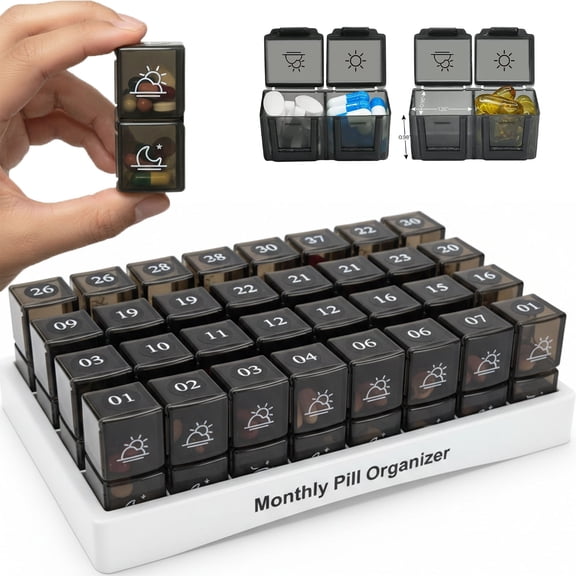 31 Day Monthly Medicine Organizer, Monthly Pill Storage Box - Am/Pm Daily Pill Storage Box, 32 compartments per day, pill dispenser and dispenser box help you organize your life,
