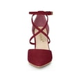 thumbnail image 2 of BLISSFUL STEP Women's Pointed Toe Cross Strap Block Heels Pumps Burgundy 7, 2 of 8