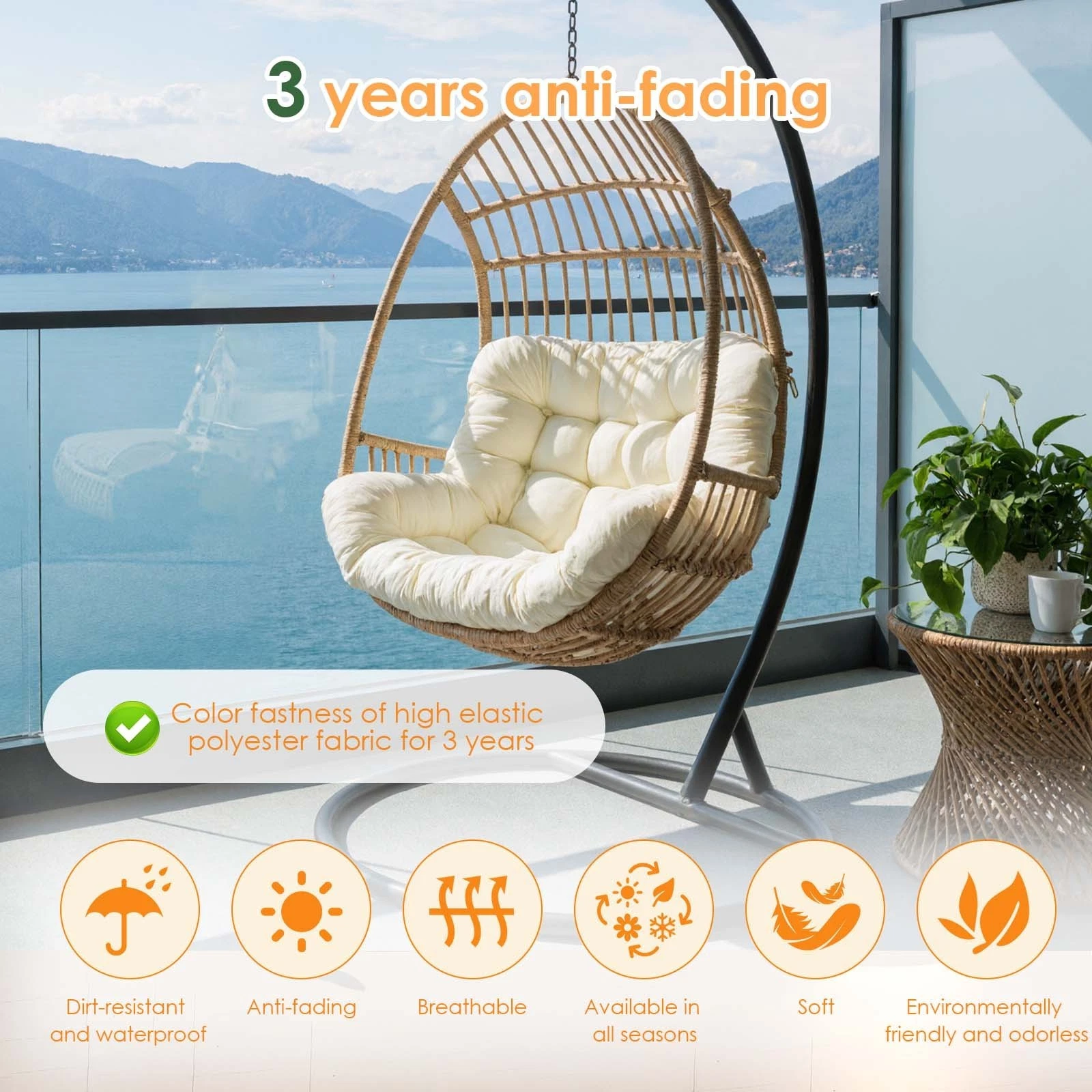 TOPCHANCES Egg Chair Cushion Only, Water-Resistant Outdoor Rocking Chair Cushion, Thick Papasan Seat Cushion with Ties for Patio, Porch, Balcony, Garden (Beige)