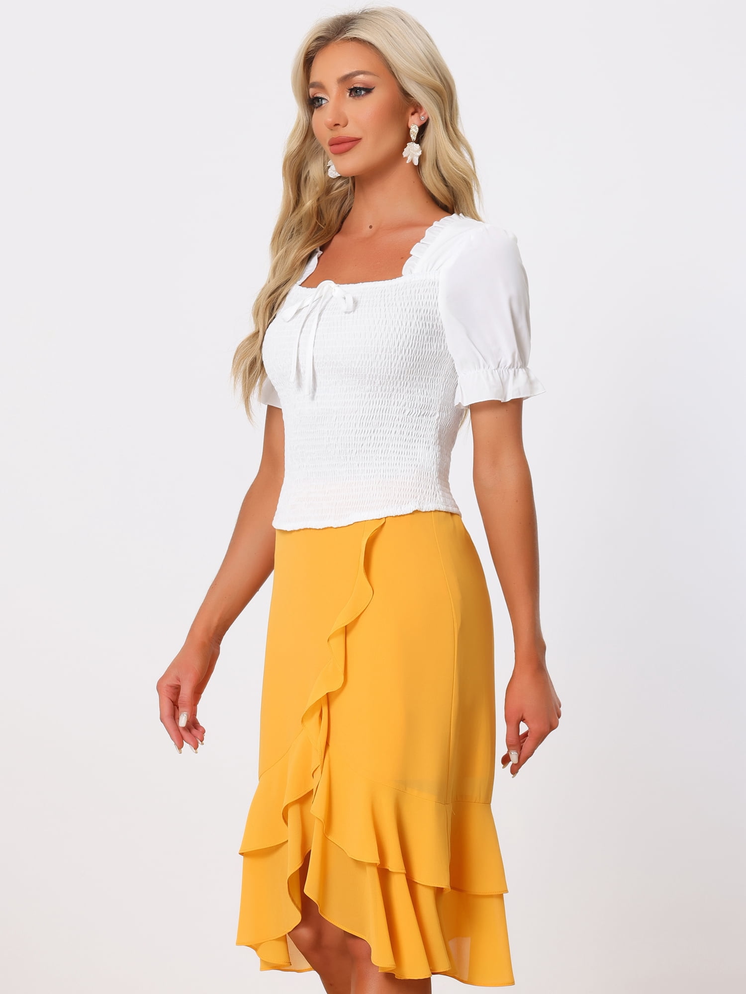 DARING DIVA Women's Smocked Square Neck Short Sleeve Ruffle Shirred Tops M White