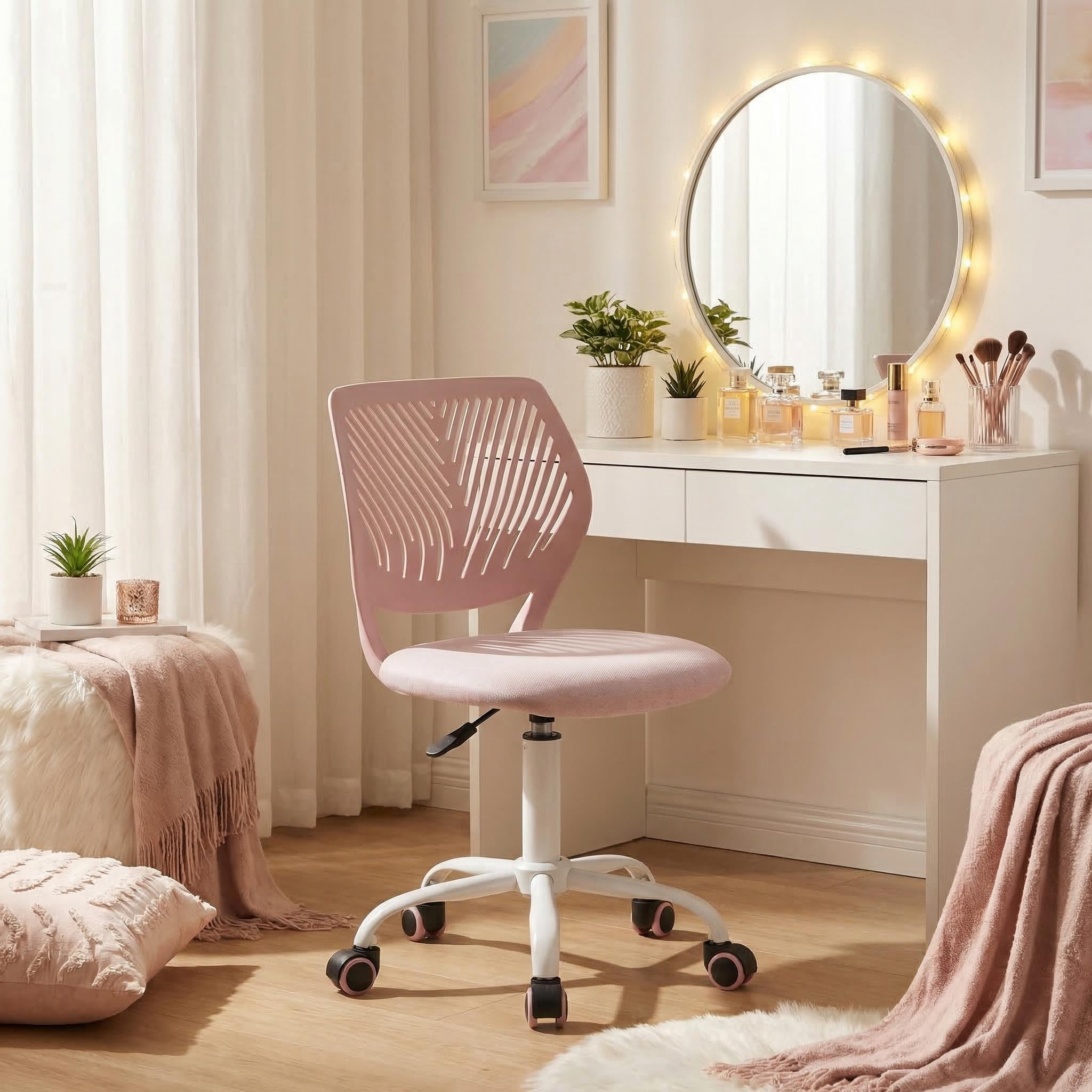 Homy Casa Teen Desk Chair, Adjustable Swivel Mesh Back Vanity Chair for Bedroom Study, Pink