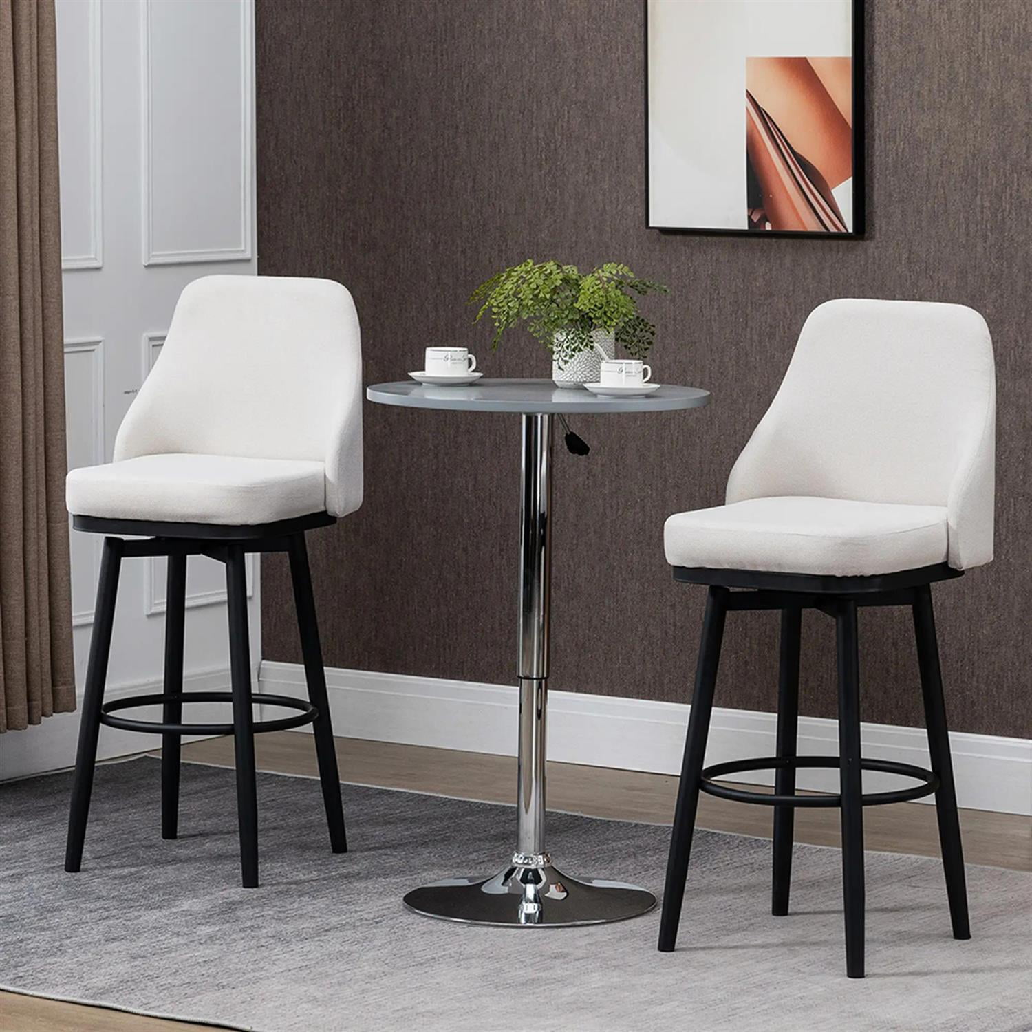 Demi Bonn Modern 360° Swivel Bar Stool Set of 2, Cushioned Bar 29.5" Seat Height Stool with Upholstered Back and Steel Legs for Kitchen, Dinning Room, Beige