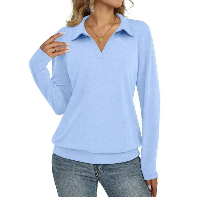 HongQid Womens Knit Shirts Long Sleeve Banded Bottom Tops Business Casual Tops Collared V Neck Blouses