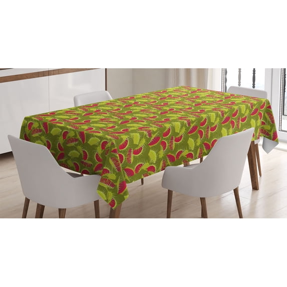 Flower Tablecloth, Carnivorous Plantation Botanical Themed Print Orderly Repeated Pattern, Rectangle Satin Table Cover for Dining Room and Kitchen, 60" X 90", Apple Green Dark Coral, by Ambesonne