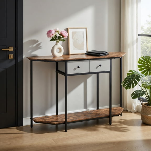 Resenkos Modern Entryway Table with 2 Drawers and Open Storage Shelf, Console Table for Hallway, Living Room, Rustic Brown