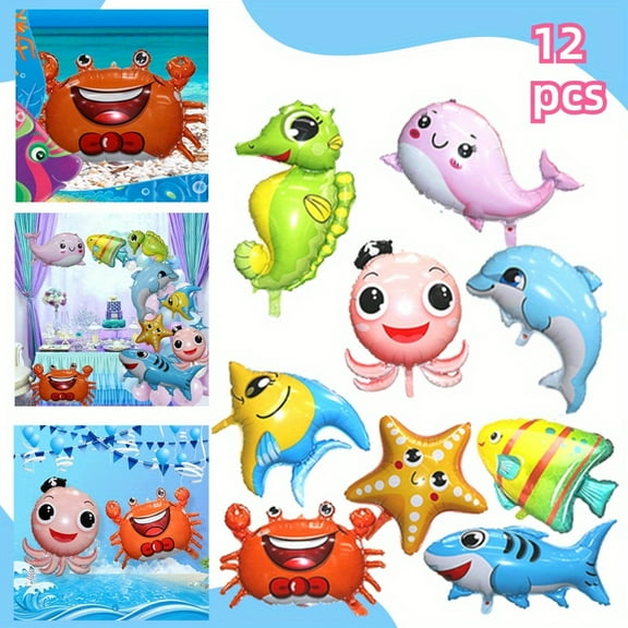 12 Pieces Large Cute Sea Animal Balloons - Octopus Shark Fish Dolphin Hippocampus Crab Scallops Foil Balloons for Boys Girls Sea Underwater Animals Theme Party Decoration