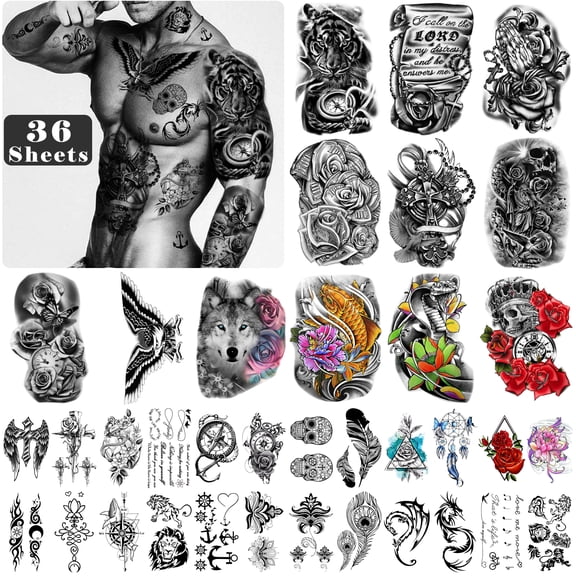 Yazhiji 36 Sheets Fish Temporary Tattoos Stickers Large Stickers Fake Body Tattoos for Men and Women Waterproof Fake Tattoos