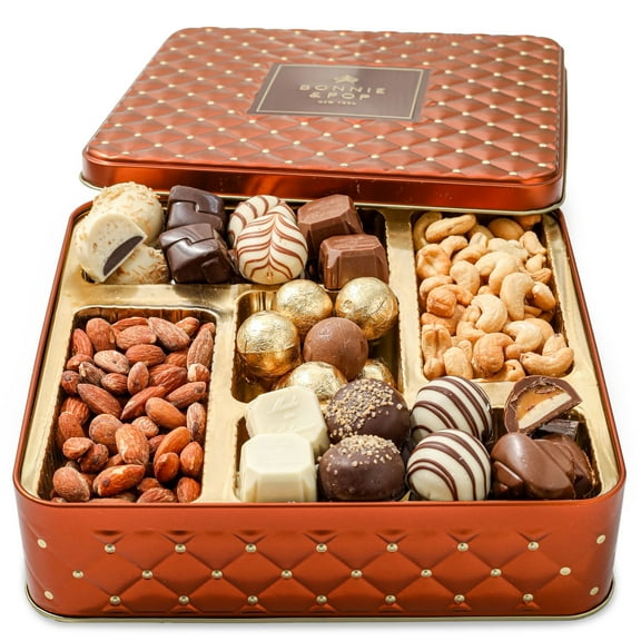 BONNIE AND POP – Nuts and Chocolate Gift Box – Chocolate Covered Pretzels, Assorted Truffles, Mixed Nuts, Smores Mix- Perfect for Christmas and the Holidays