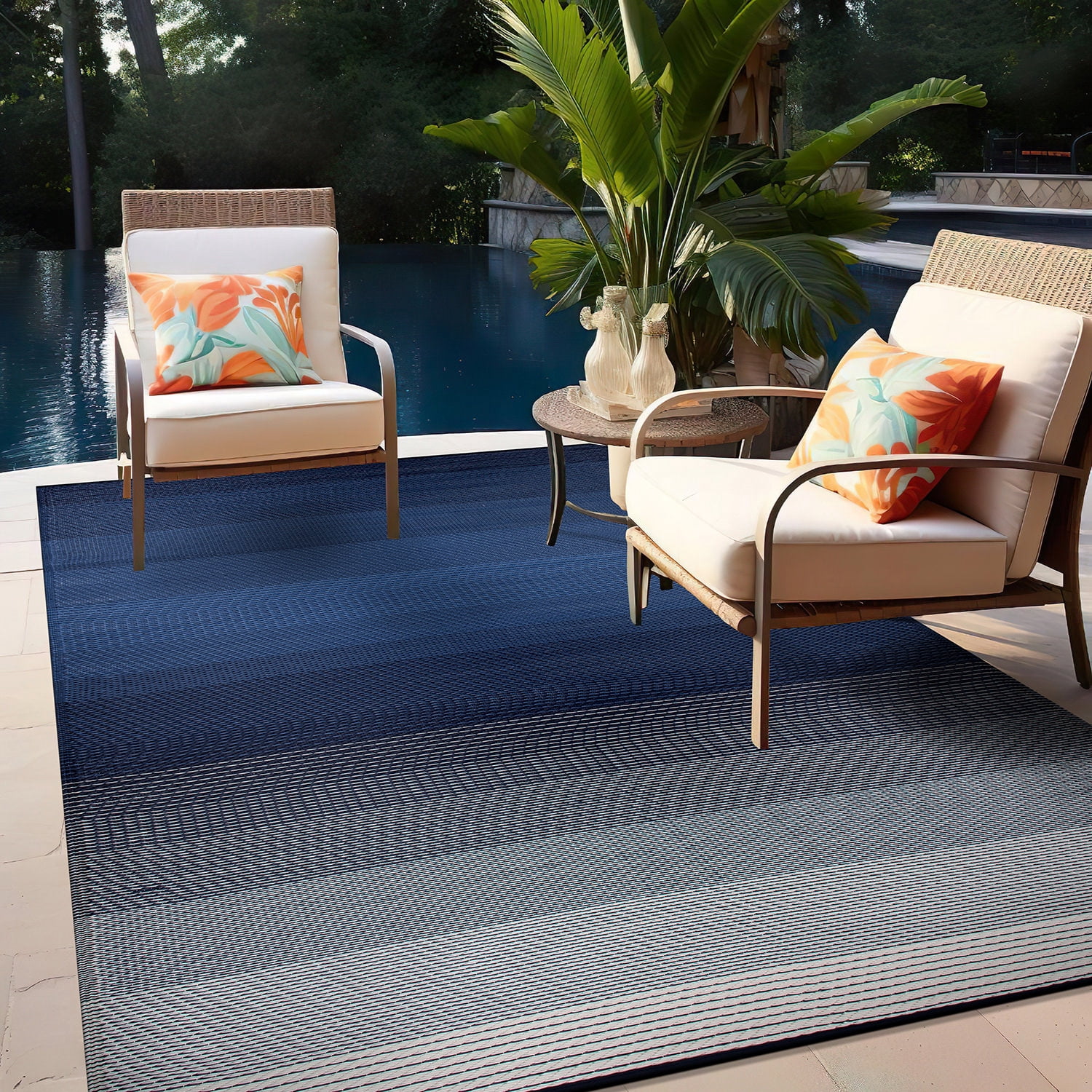 World Rug Gallery Contemporary Stripe Shade Reversible Recycled Plastic Outdoor Picnic Mat, Camping Rug, RV Rug - NAVY 3'3"x5'