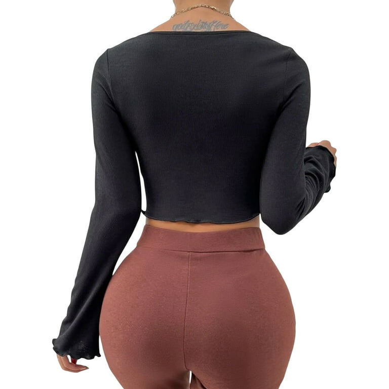 Basic Long Sleeve Crop Tops Women Square Neck Low Cut Bodycon Tank Tops  Slim Fit Casual Pullover Crop Tee Shirt Yoga