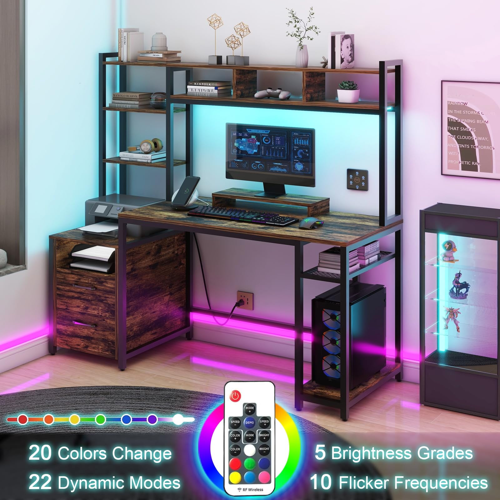 59" Home Office Desk with LED Lights and Power Outlets, Gaming Desk with Drawers and Shelves, Rustic Brown Finish