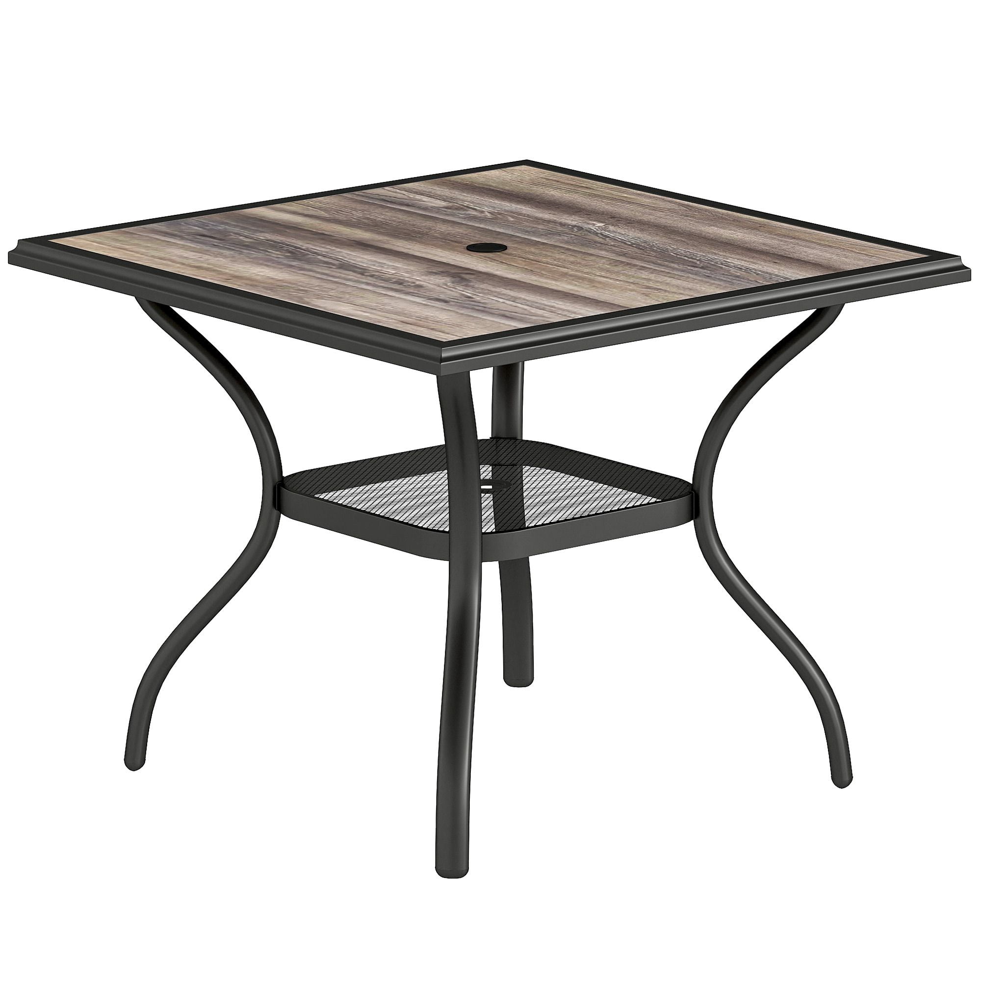 37" Square Outdoor Dining Table for 4, Gray Faux Wood Top Patio Table with Umbrella Hole and Lower Mesh Shelf, Weather-Resistant Steel Frame for Garden, Backyard, and Deck