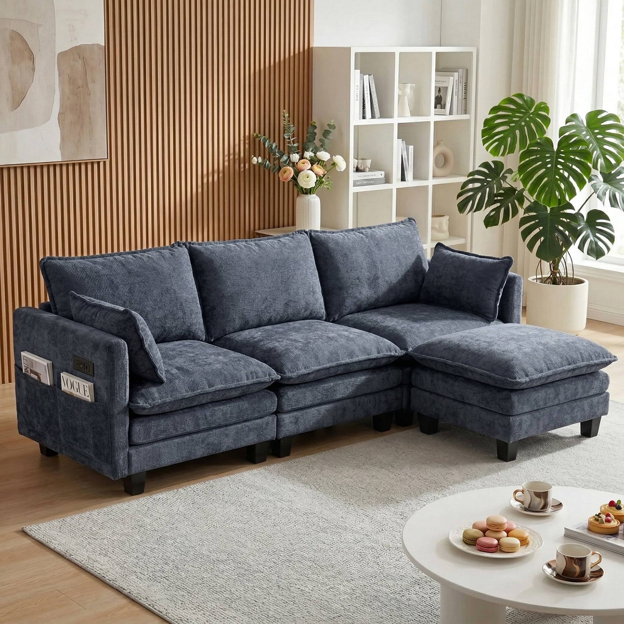 Modern 110"W Chenille L-Shape Sectional Sofa Set,3-Seat Sofa Couch + Ottoman, USB Port, Side Pocket