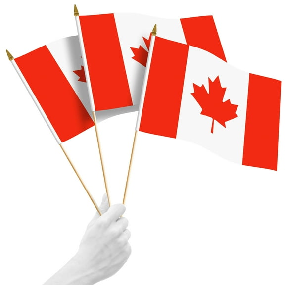 G128 12 Pack Handheld Canada Canadian Stick Flags | 12x18 In | Printed 150D Polyester, Country Flag, Solid Wooden Stick, Spear Gold Tip