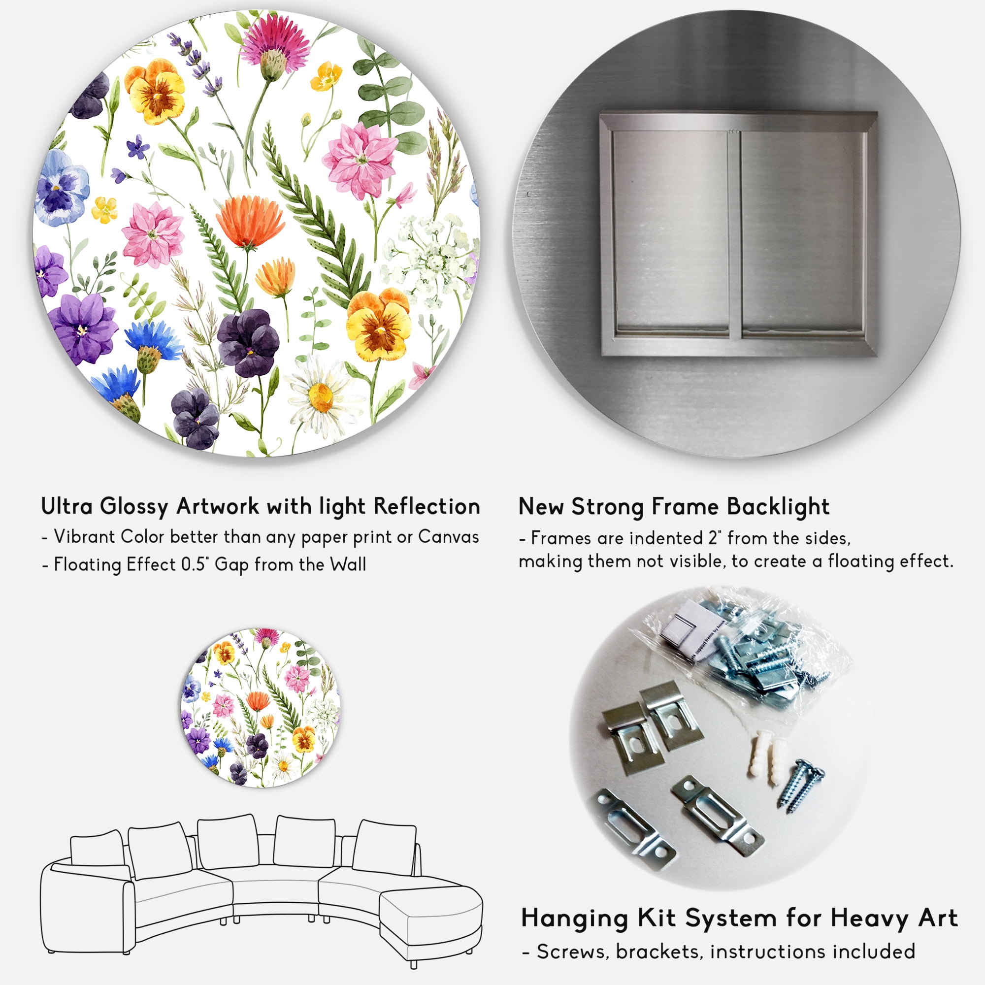 Designart 'Coloful Wildflowers Floral Pattern I' Traditional Circle Metal Wall Art 11x11 - Disc of 11