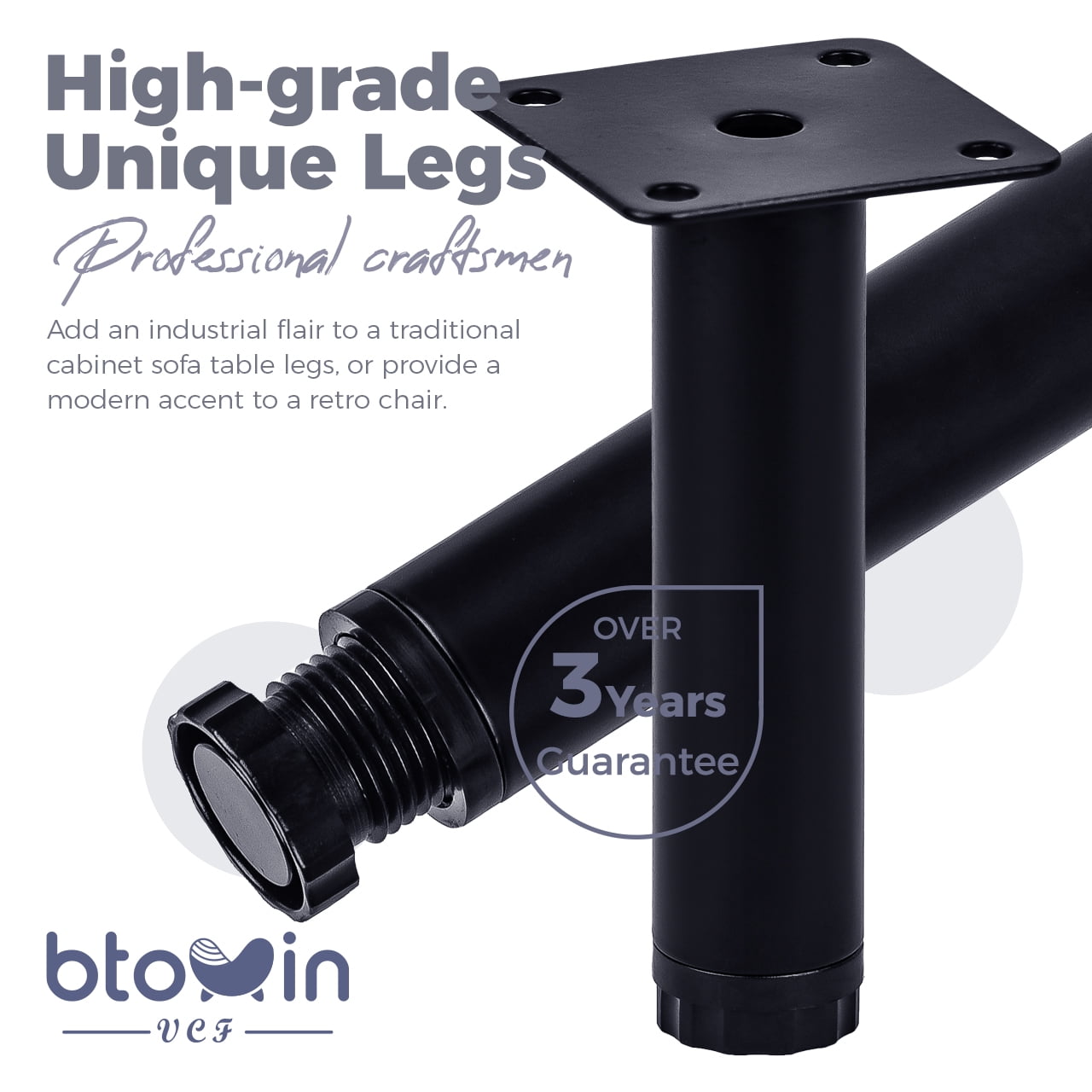Btowin Adjustable Furniture Legs – 4 Pack Black Metal Support Feet 7-13 Inch Height | Heavy Duty DIY Replacement For Bed Frame, Sofa, Cabinet, Table, Desk - View #2