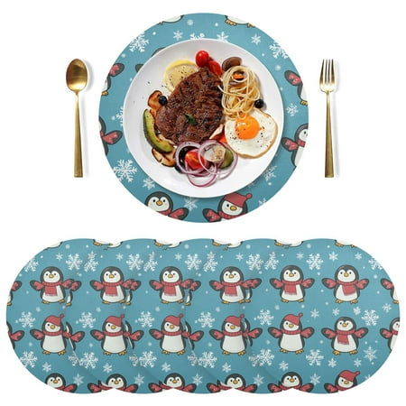 

Round Placemats Plate Mats 15 Inch Non-Slip Heat Resistant Washable PVC Set Table Decoration for Kitchen Dining Cute Penguins