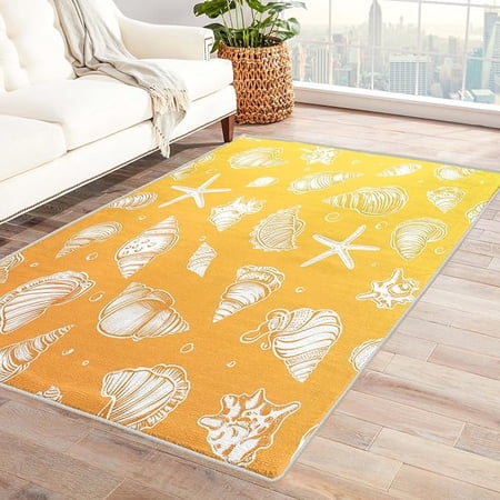 Yellow Seashell Rugs for Living Room Coastal Nautical Beach Theme Area Rug Marine Ocean Shell Starfish Door Mat Small Carpet Washable & Non Slip & Soft Coastal Home Decor 3 x 5ft