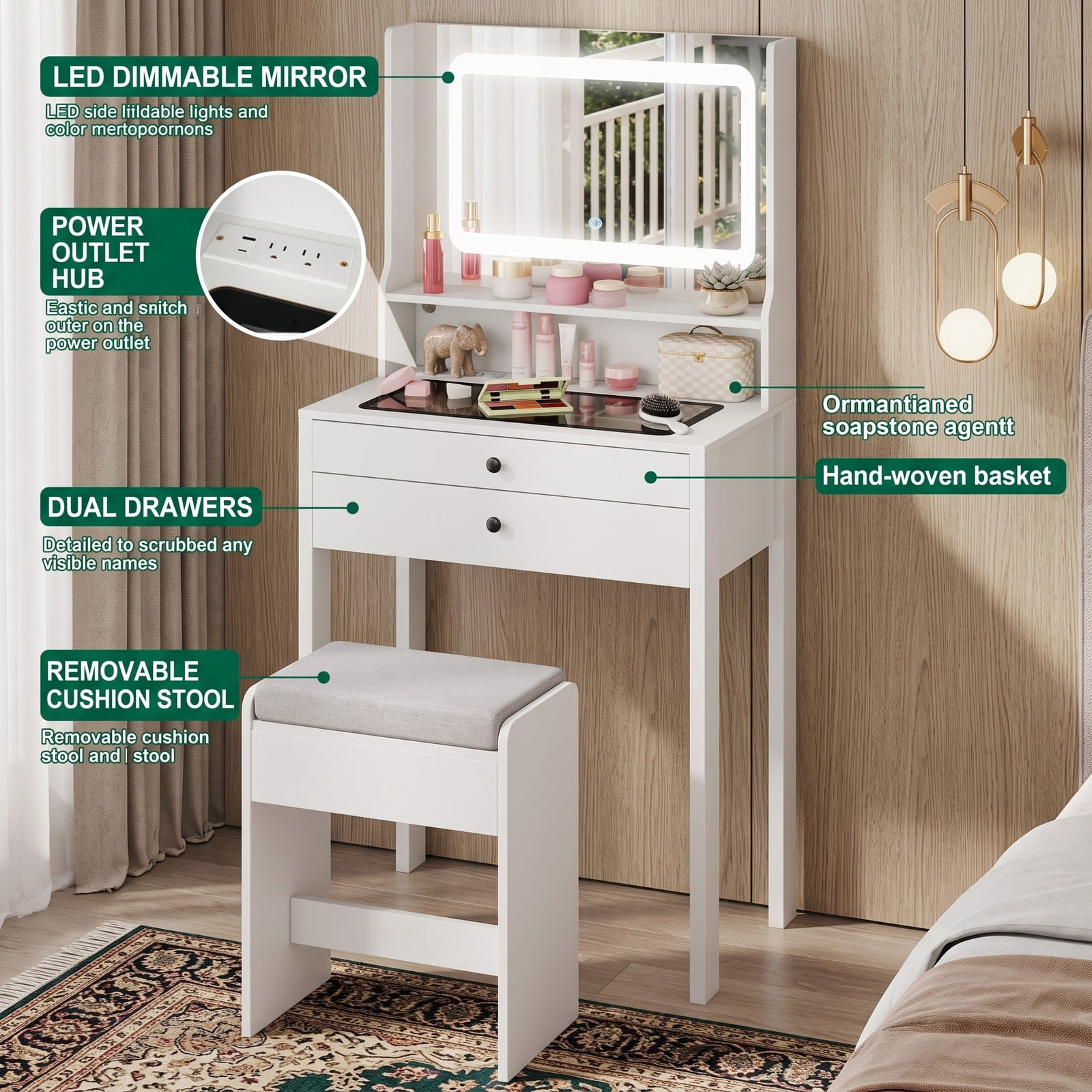 Furnibear Small Vanity Desk with Mirror and Lights, Compact Makeup Vanity Table with Power Outlets, 2 Drawers and Cushioned Stool for Bedroom, White