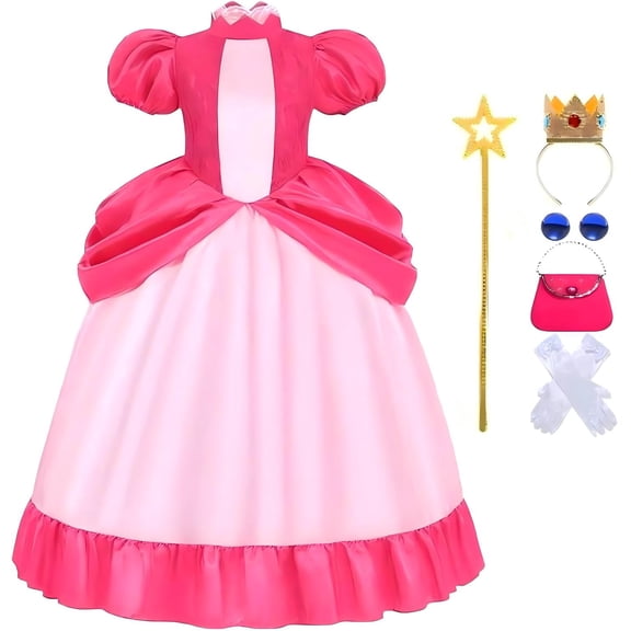 G*irls Pink Princess Cosplay Costume - 7 Pcs Puff Sleeve Ball Gown Dress Outfit Crown Wand Gloves Purse Earrings Set Movie Character Birthday Halloween Cosplay Party Dress Up