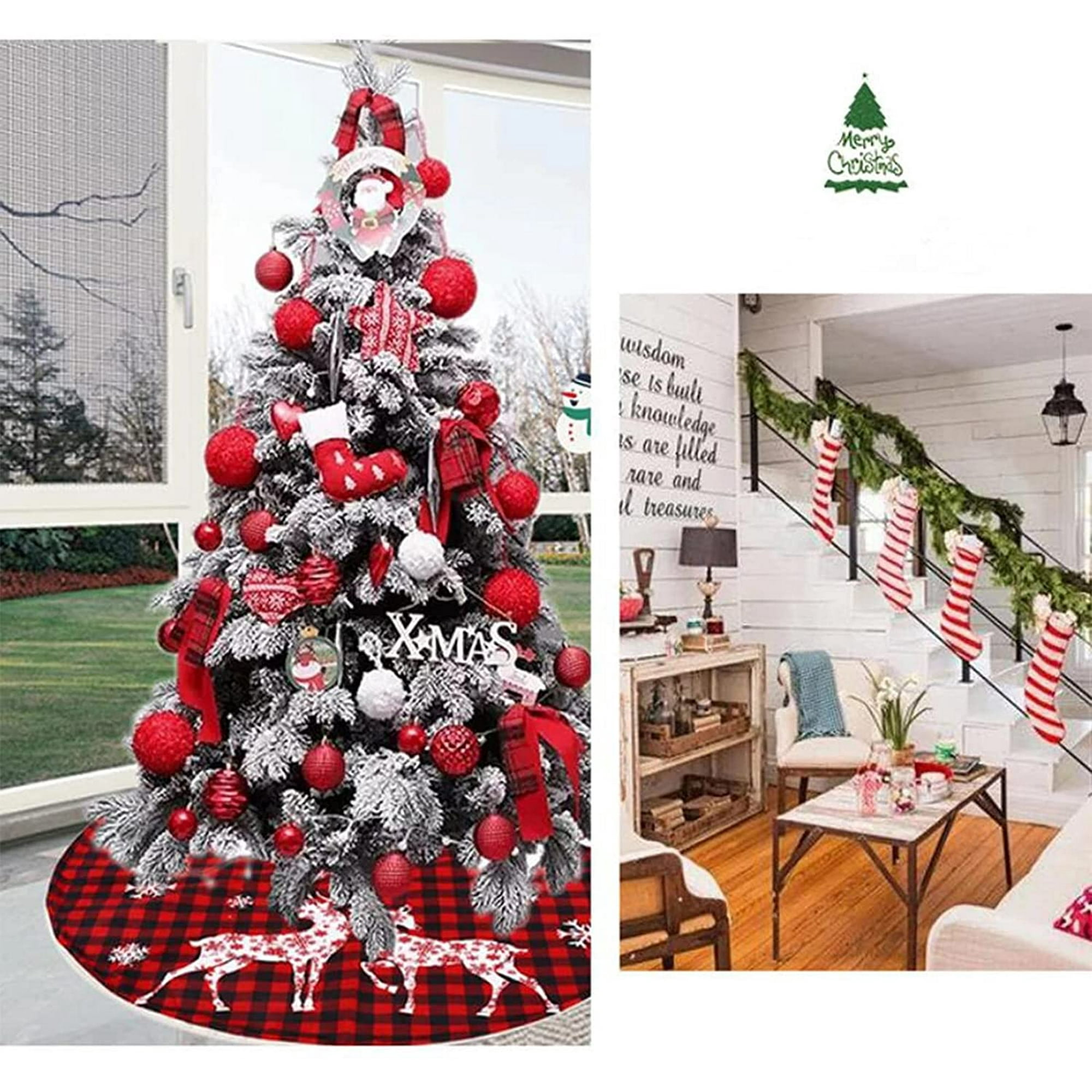 Jupe De Sapin De Noël Rouge Et Noir 122 Cm – Motifs Flocon, élan Et Père Noël – Rustique Et épaisse