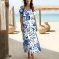 thumbnail image 7 of XUNKUSGA Boho Dresses for Women Fashion Floral Print Maxi Dress Casual Cotton V Neck Short Sleeve Split Sun Dresses Women with Pockets for Beach,Blue,S, 7 of 7