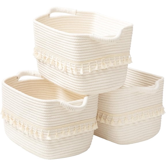 White Cotton Rope Baskets for Storage, Set of 3 Woven Clothes Basket for Organizing and Storage, Blanket Basket for Living Room Laundry Bathroom Shelves