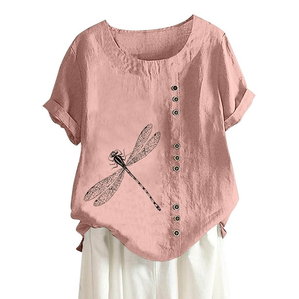 Gibobby Playera de Manga Corta con Cuello Redondo Camiseta lino y algodon para mujer camisetas informales holgadas con estampado blusas tipo tunica con botones tal Rosa G Bodega Aurrera en linea