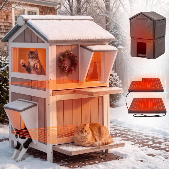 Aivituvin Heated Outdoor Cat House for Outside, 2-Level Insulated Cat Shelter, Weatherproof Feral Cat House for Winter, White & Brown
