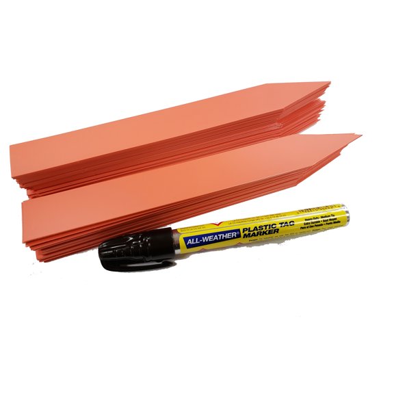 Large 1" x 8" Orange Plastic Plant Labels (Pack of 100 Labels) & 1 All-Weather Marker