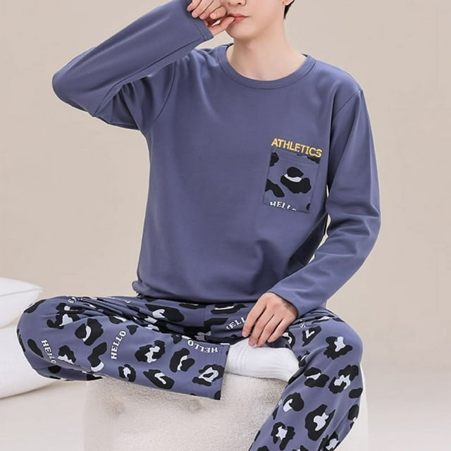 Printemps Automne Plus 5TG Pyjama Tricoté pour Hommes à Carreaux Ensembles de Pyjamas Décontractés Mode Nuit