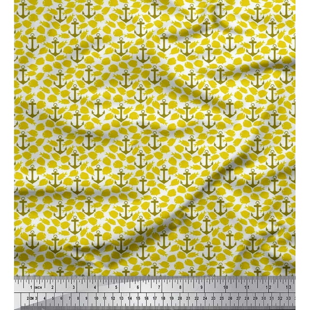 Soimoi polyester Crepe Fabric Fish & Anchor Hook Nautical Print Fabric by Yard 42 Inch Wide