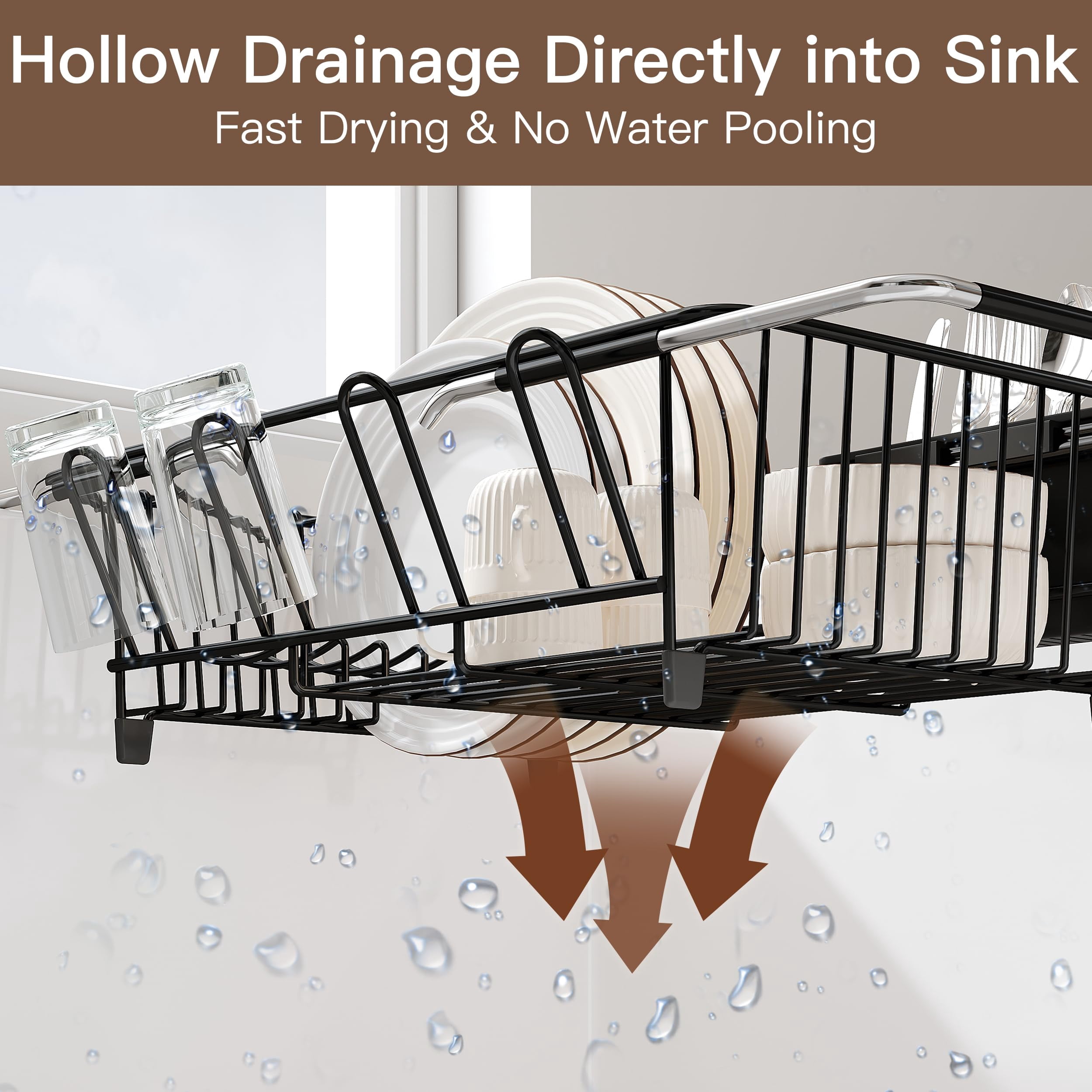 Expandable Dish Drying Rack, Black, Stainless Steel, Over/In Sink, For Small Kitchens