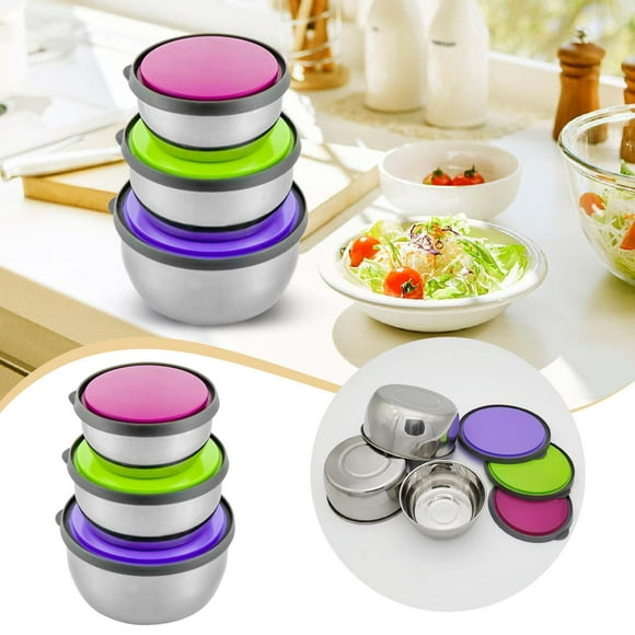 Riforla 3 PCS Mixing Bowls Set Metal Stainless Steel Food Containers with Lids Home Kitchen Food Container Storage Winter Multi Size Soup Bowls Preservation Box Keep Fresh Bowl Silver