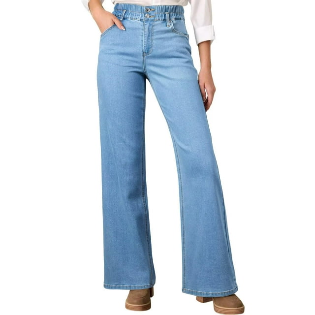 Jeans Astylish para mujer, cintura alta, pierna ancha, mezclilla azul, talla 8