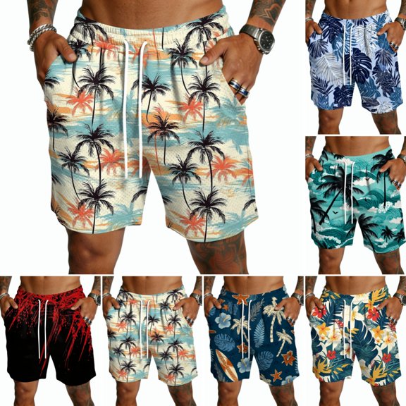 Domuza Mens Hawaiian Beach Shorts Elastic Waist Drawstring Lightweight Summer Vacation Casual Shorts with Pocket White S