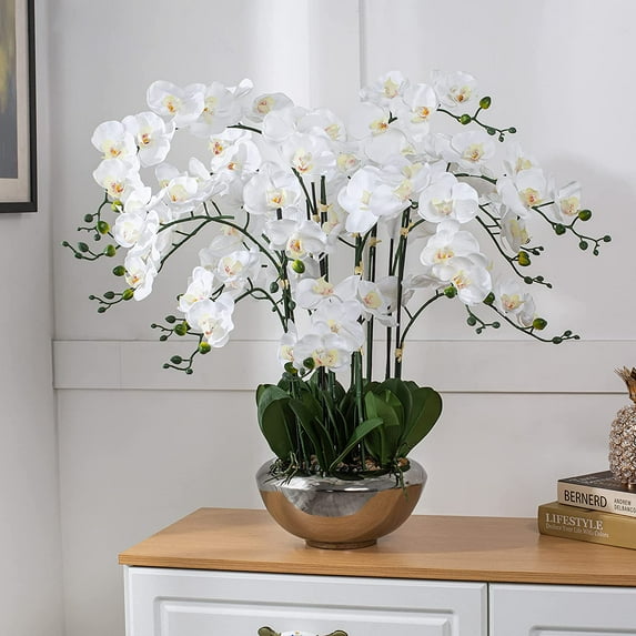 Vanity Art Plastic Phalaenopsis Orchids Floral Arrangement in Pot Home Decor | 14 Stems Real Touch White Artificial Flowers for Decoration with Green Leaf in Silver Ceramic Pot, MLTAO-1082YS