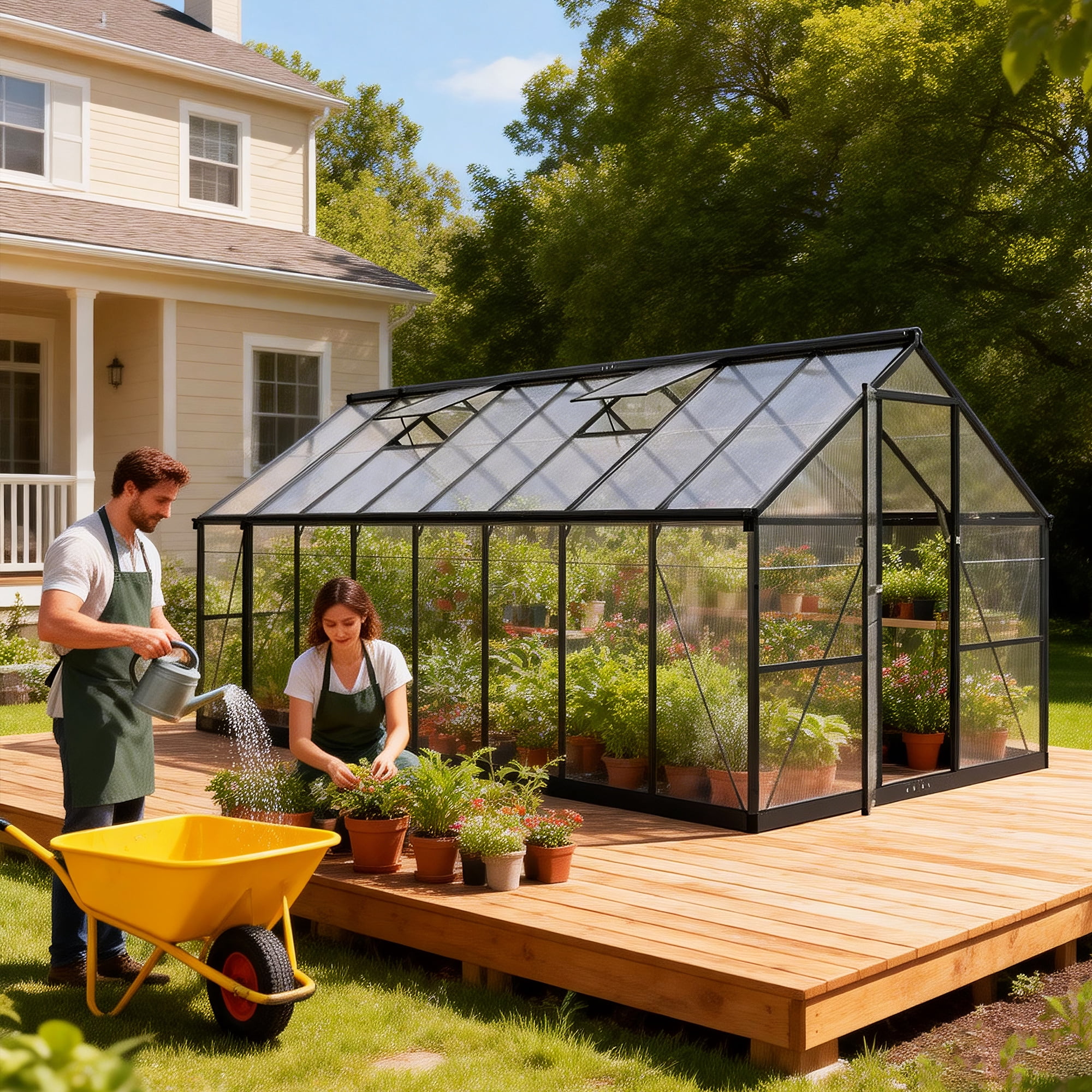 PABIMIA  8 x 16 ft Polycarbonate Outdoor Greenhouse, Walk-in Aluminum Greenhouse with Roof Vent, Black