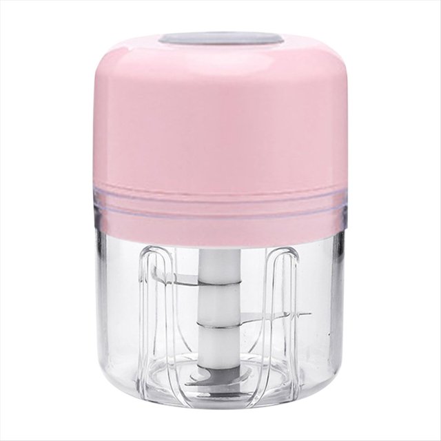 mini picadora de alimentos eléctrica, agitador pequeño procesador de alimentos recargable c rosa, vista frontal centrada de 250 ml con tapa superior lisa rosa y vaso transparente que muestra eje y cuchillas desmontables de acero inoxidable 304; botón de un solo toque en la tapa, diseño portátil recargable por USB para picar, mezclar y cortar en cocinas pequeñas, casas rodantes o viajes; también adecuada para preparar salsas y aderezos en porciones pequeñas.