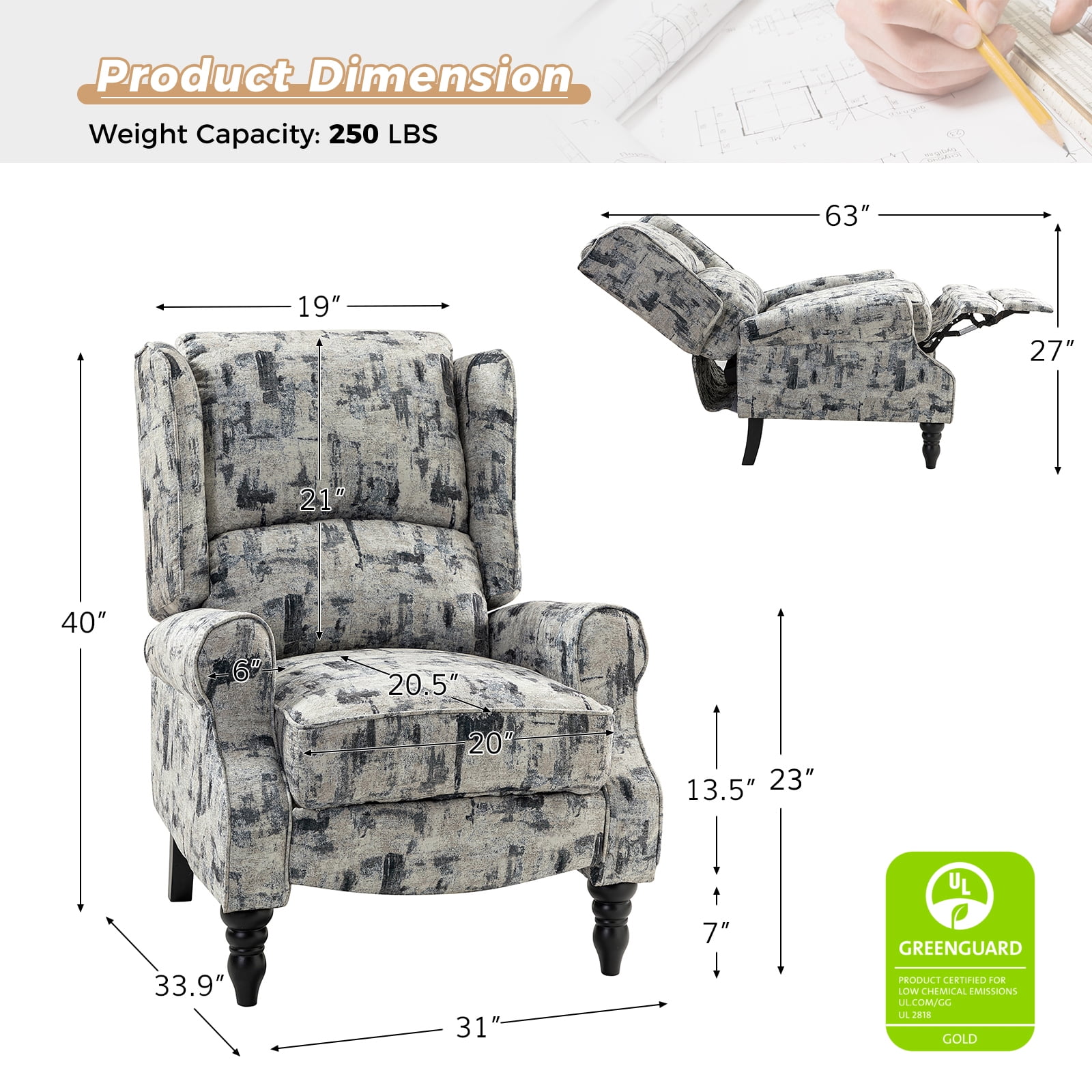 Vintage Floral Wingback Manual Push Back Recliner Chair Set of 2 for Living Room GREENGUARD Certified Grey