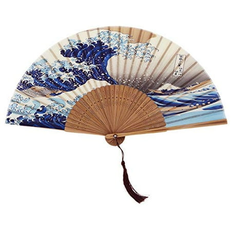 

Japanese Handmade Landscape Silk Folding Fan Vintage Retro Style for Women Ladys Girls (Kanagawa Sea Waves) Handheld OneSize