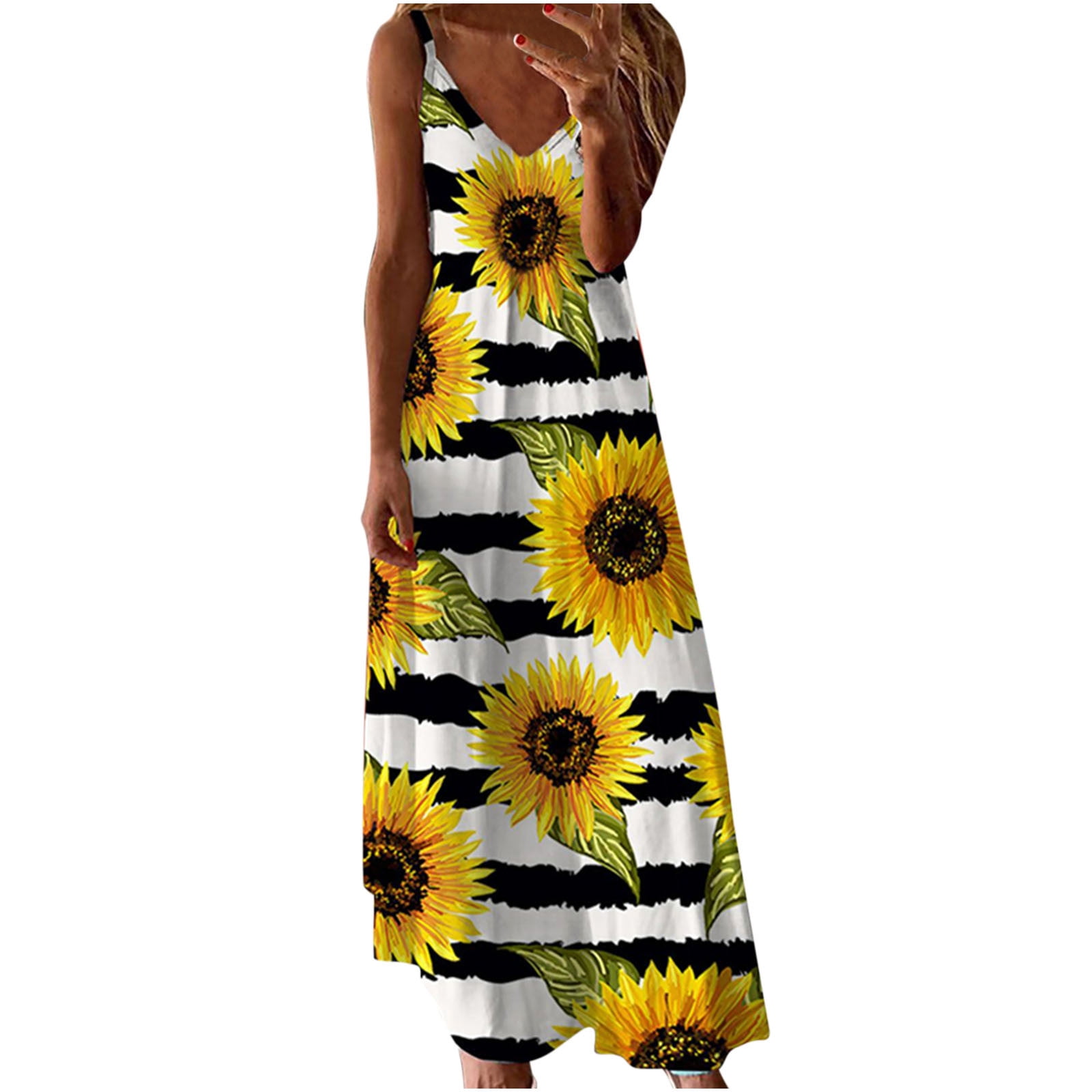 Ussuma Dresses For Women Party Casual Women S Dresses Sunflower Print Spaghetti Strap V Neck