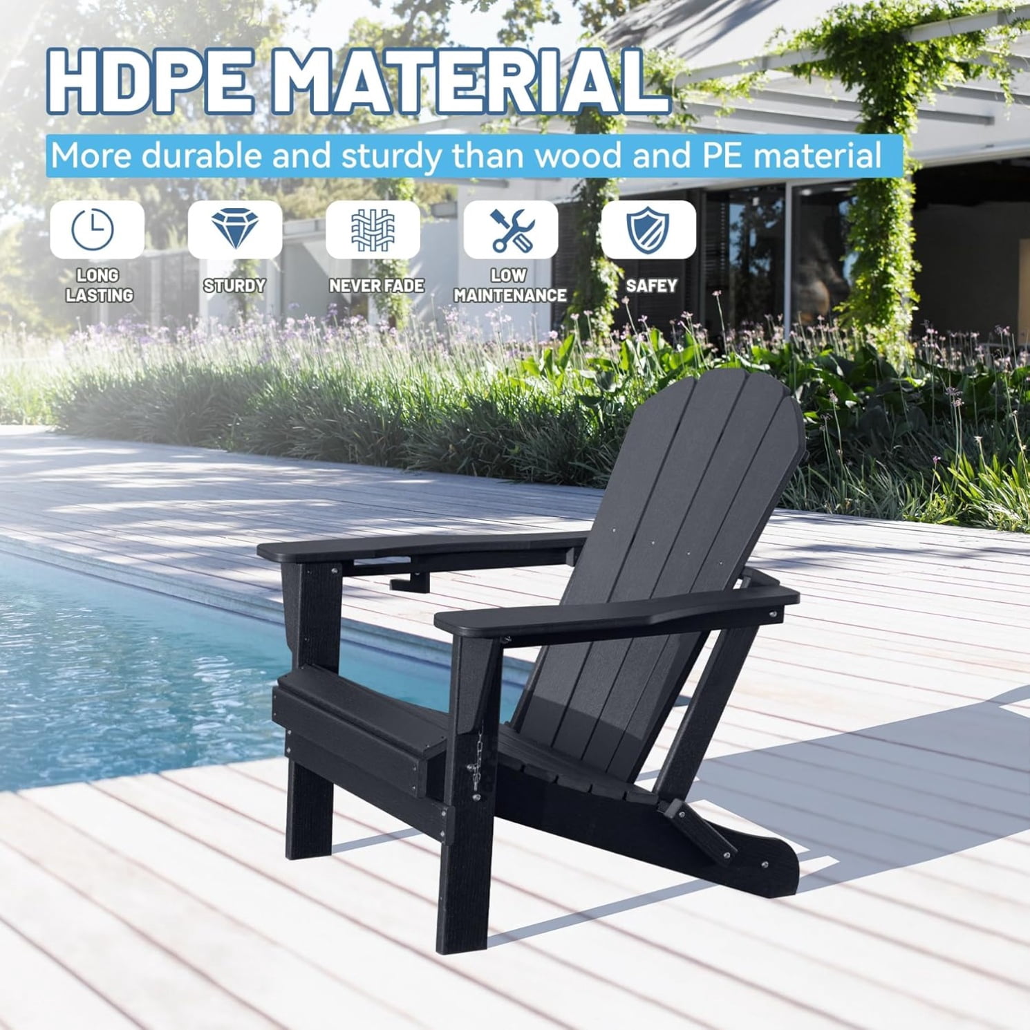 Folding Adirondack Chair, All-Weather HDPE Lawn Chair with Cup Holder, Comfortable Outdoor Patio Chair for Deck, Porch, Backyard, Garden, Black