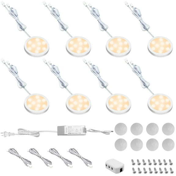 Linkable LED Puck Lights for Under Cabinet Lighting - 8 Pack of Dimmable 12V Warm White 2700K Lights, Plug-in/Hardwired with LED Driver, Compatible with Most Dimmer Switches