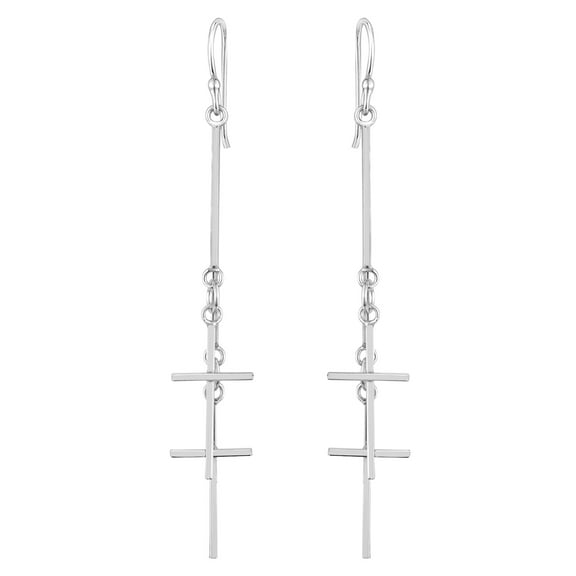 Sleek Double Cross Long Drop Sterling Silver Dangle Earrings for Female Adult