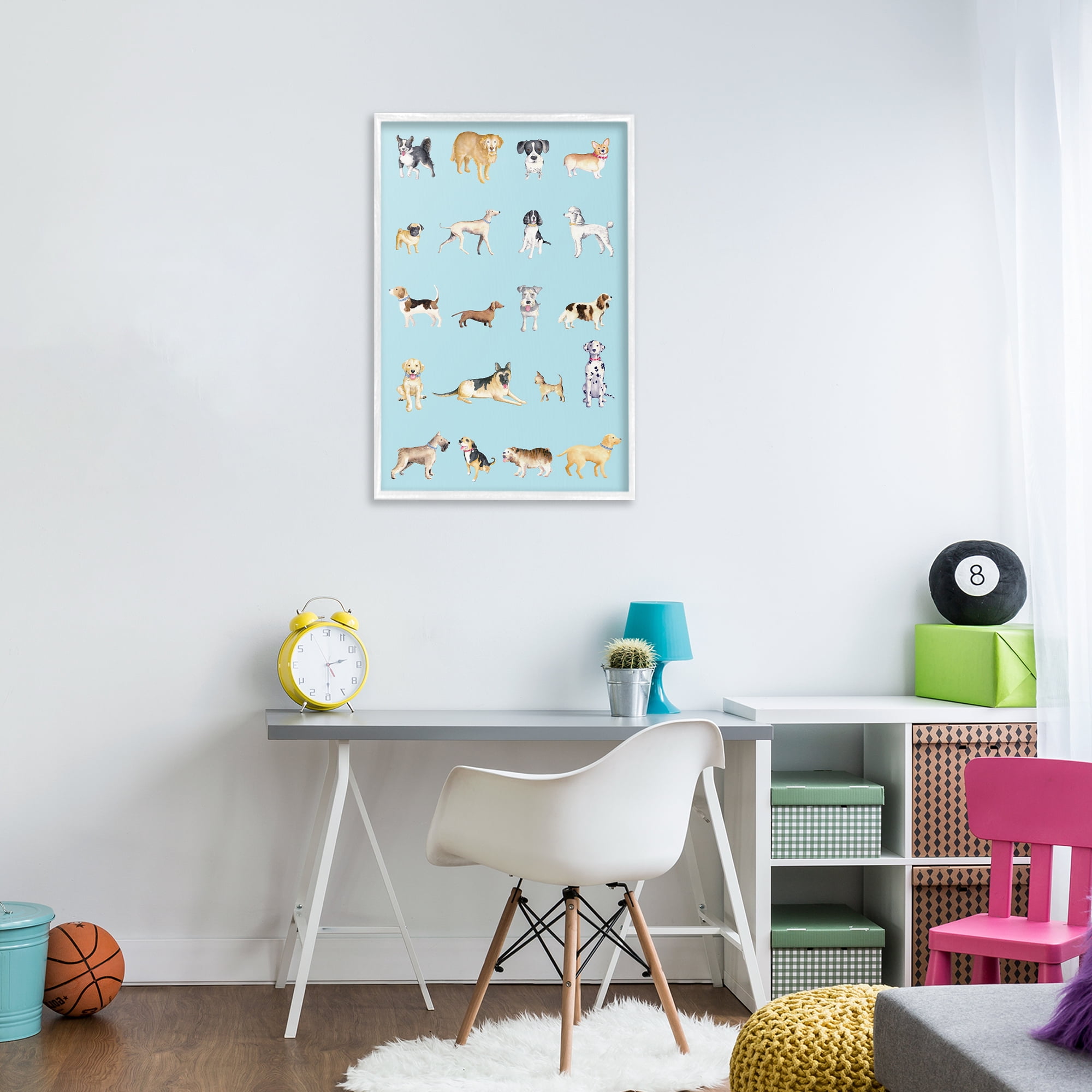 Stupell Industries Dog Breeds on Blue White Framed Giclee Art, design by Andi Metz
