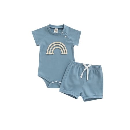 

Canrulo Newborn Baby Girls Boys Clothes 2pcs Rainbow Printed Short Sleeve Romper Tops Shorts Sets Blue 9-12 Months
